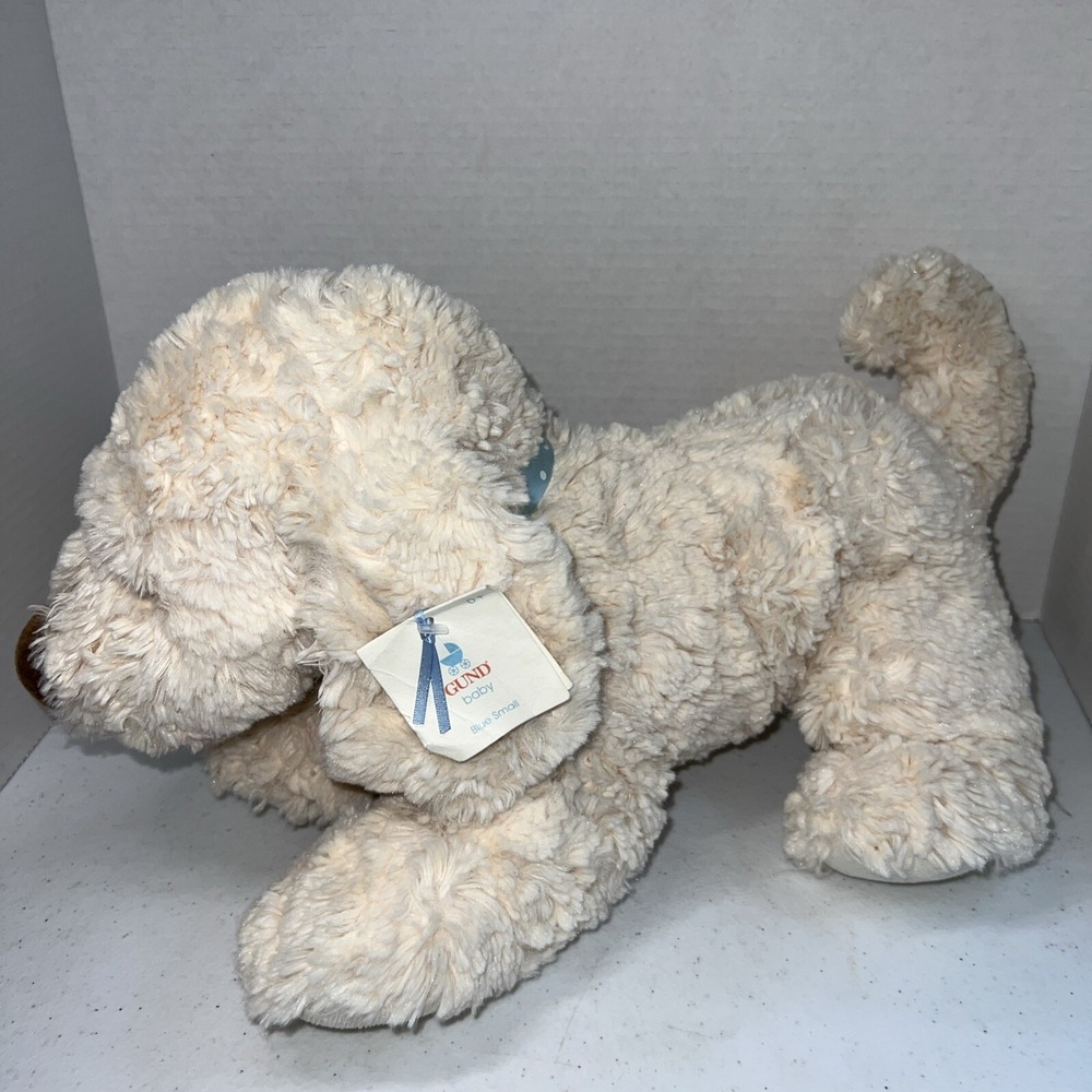 BABY GUND Plush Auggie Doggie DOG Cream Blue Ribbon Bow White‎ Polka Dots 14"
